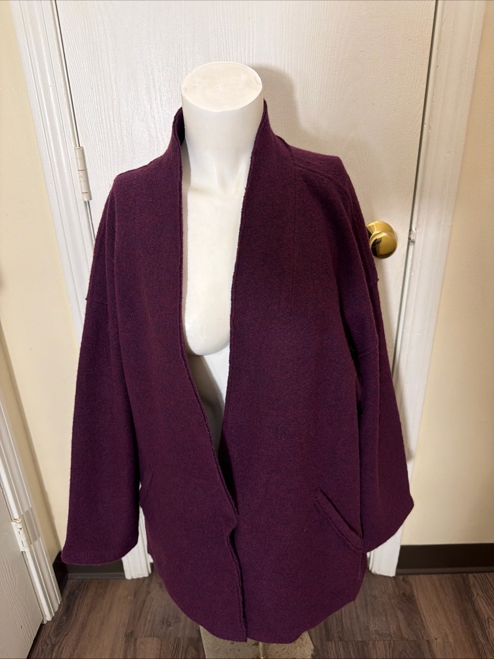 Eileen Fisher Plum Boiled Merino Wool Kimono Jacket Sz M  Snap Front Lightweight